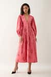 Buy_Son of A Noble Snob_Pink Cotton Satin V-neck Grape Print Fit-and-flare Midi Dress _at_Aza_Fashions