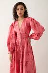 Buy_Son of A Noble Snob_Pink Cotton Satin V-neck Grape Print Fit-and-flare Midi Dress _Online_at_Aza_Fashions