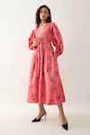 Shop_Son of A Noble Snob_Pink Cotton Satin V-neck Grape Print Fit-and-flare Midi Dress _Online_at_Aza_Fashions