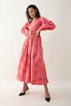 Son of A Noble Snob_Pink Cotton Satin V-neck Grape Print Fit-and-flare Midi Dress _at_Aza_Fashions