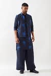Buy_Son of A Noble Snob_Navy Linen Patchwork Floral Print Bundi Kurta Set _at_Aza_Fashions