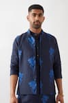 Son of A Noble Snob_Navy Linen Patchwork Floral Print Bundi Kurta Set _Online_at_Aza_Fashions