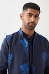 Son of A Noble Snob_Navy Linen Patchwork Floral Print Bundi Kurta Set _at_Aza_Fashions
