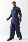 Son of A Noble Snob_Navy Linen Fringe Eros Kurta Set _Online_at_Aza_Fashions