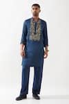 Buy_Son of A Noble Snob_Navy Tencel, Satin Cut Work, Embroidery Hand Kurta Set _at_Aza_Fashions