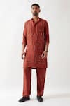 Buy_Son of A Noble Snob_Maroon Denim Beads, Cut Work Embroidered Dupion Silk Kurta Set _at_Aza_Fashions