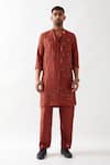 Shop_Son of A Noble Snob_Maroon Denim Beads, Cut Work Embroidered Dupion Silk Kurta Set _Online_at_Aza_Fashions