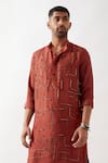 Son of A Noble Snob_Maroon Denim Beads, Cut Work Embroidered Dupion Silk Kurta Set _at_Aza_Fashions