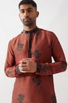 Son of A Noble Snob_Maroon Silk Embroidery Printed Kurta Set _at_Aza_Fashions