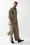 Son of A Noble Snob_Olive Green Linen Embroidery Anti Fit Shirt And Trouser Set _Online_at_Aza_Fashions