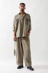 Shop_Son of A Noble Snob_Olive Green Linen Embroidery Anti Fit Shirt And Trouser Set _Online_at_Aza_Fashions