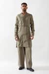 Shop_Son of A Noble Snob_Olive Green Linen Caterpillar Texture Kurta Set 