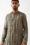 Shop_Son of A Noble Snob_Olive Green Linen Printed Slim Fit Kurta Set _Online_at_Aza_Fashions