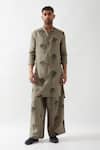 Son of A Noble Snob_Olive Green Linen Embroidery Printed Kurta Set _Online_at_Aza_Fashions
