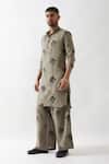 Buy_Son of A Noble Snob_Olive Green Linen Embroidery Printed Kurta Set _Online_at_Aza_Fashions