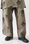 Shop_Son of A Noble Snob_Olive Green Linen Embroidery Printed Kurta Set _Online_at_Aza_Fashions