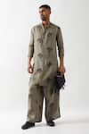 Son of A Noble Snob_Olive Green Linen Embroidery Printed Kurta Set _at_Aza_Fashions