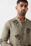 Shop_Son of A Noble Snob_Olive Green Linen Embroidery Printed Kurta Set 