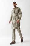 Buy_Son of A Noble Snob_Olive Green Linen Printed Kurta And Trouser Set _Online_at_Aza_Fashions