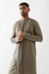Shop_Son of A Noble Snob_Olive Green Linen Embroidery Slim Fit Kurta And Trouser Set 