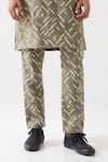 Son of A Noble Snob_Olive Green Linen Applique Printed Kurta Set _Online_at_Aza_Fashions