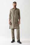 Shop_Son of A Noble Snob_Olive Green Linen Slim Fit Kurta And Trouser Set _Online_at_Aza_Fashions