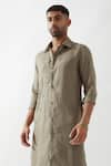 Son of A Noble Snob_Olive Green Linen Slim Fit Kurta And Trouser Set _at_Aza_Fashions