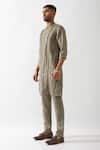Son of A Noble Snob_Olive Green Linen Kaden Kurta Set _Online_at_Aza_Fashions