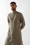 Son of A Noble Snob_Olive Green Linen Kaden Kurta Set _at_Aza_Fashions