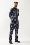 Son of A Noble Snob_Navy Linen Slim Fit Printed Kurta _Online_at_Aza_Fashions