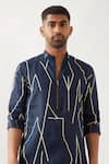 Shop_Son of A Noble Snob_Navy Linen Slim Fit Printed Kurta _Online_at_Aza_Fashions