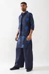 Son of A Noble Snob_Navy Linen Embroidery Floral Printed Bundi Jacket _Online_at_Aza_Fashions