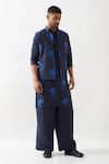 Buy_Son of A Noble Snob_Navy Linen Embroidery Floral Printed Bundi Jacket _Online_at_Aza_Fashions