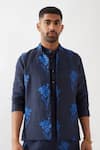 Shop_Son of A Noble Snob_Navy Linen Embroidery Floral Printed Bundi Jacket _Online_at_Aza_Fashions