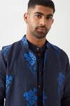 Son of A Noble Snob_Navy Linen Embroidery Floral Printed Bundi Jacket _at_Aza_Fashions