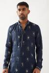 Shop_Son of A Noble Snob_Navy Linen Printed Slim Fit Kurta _Online_at_Aza_Fashions