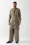 Buy_Son of A Noble Snob_Olive Green Linen Caterpillar Texture Kurta _at_Aza_Fashions