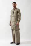 Son of A Noble Snob_Olive Green Linen Caterpillar Texture Kurta _Online_at_Aza_Fashions