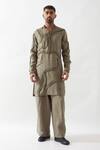 Son of A Noble Snob_Olive Green Linen Caterpillar Texture Kurta _at_Aza_Fashions