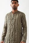 Buy_Son of A Noble Snob_Olive Green Linen Slim Fit Printed Kurta _Online_at_Aza_Fashions