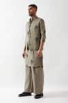 Buy_Son of A Noble Snob_Olive Green Linen Embroidery Floral Printed Bundi _Online_at_Aza_Fashions