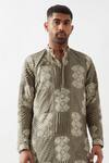 Son of A Noble Snob_Olive Green Linen Slim Fit Printed Kurta _at_Aza_Fashions