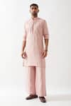 Son of A Noble Snob_Pink Linen Embroidery Navy Printed Slim Fit Kurta _Online_at_Aza_Fashions
