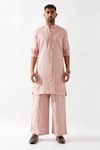 Buy_Son of A Noble Snob_Pink Linen Embroidery Navy Printed Slim Fit Kurta _Online_at_Aza_Fashions