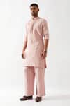 Shop_Son of A Noble Snob_Pink Linen Embroidery Navy Printed Slim Fit Kurta _Online_at_Aza_Fashions
