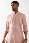 Son of A Noble Snob_Pink Linen Embroidery Navy Printed Slim Fit Kurta _at_Aza_Fashions