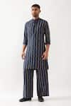 Shop_Son of A Noble Snob_Navy Linen Printed Slim Fit Kurta Set _Online_at_Aza_Fashions