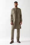 Son of A Noble Snob_Olive Green Linen Slim Fit Pleated Kurta _Online_at_Aza_Fashions