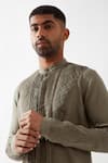 Buy_Son of A Noble Snob_Olive Green Linen Slim Fit Pleated Kurta _Online_at_Aza_Fashions