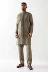 Shop_Son of A Noble Snob_Olive Green Linen Slim Fit Pleated Kurta _Online_at_Aza_Fashions